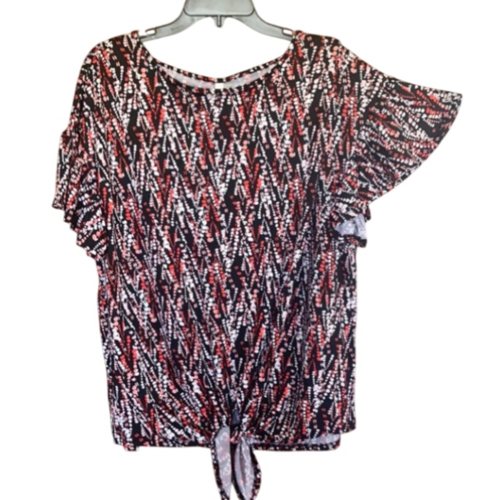 NY Collection top abstract print front tie detail top with stretch 2X